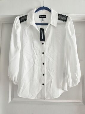 Karl Lagerfeld White Button-Front Shirt with Black Lace Shoulder Detail